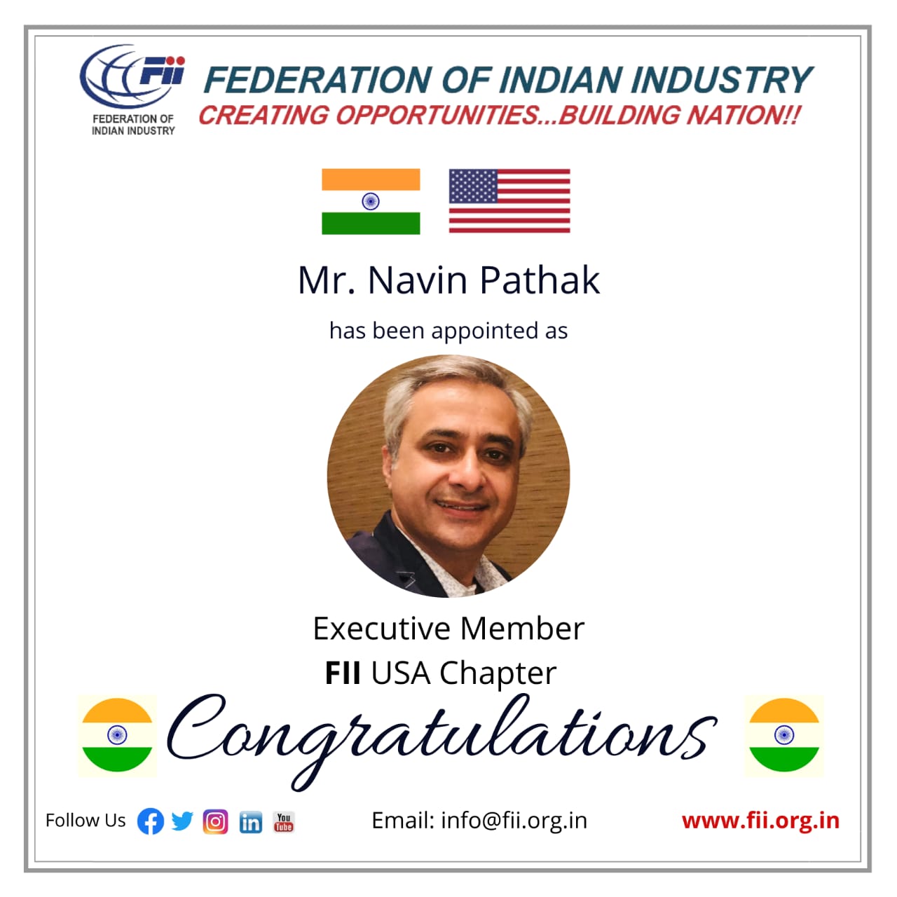 Navin Pathak - COO at Entry India - appointed as Executive Member of FII US Chapter